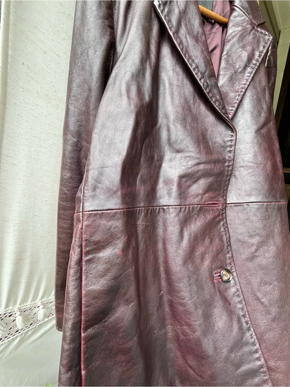 Zara 100% Leather Topstitching Coat Jacket Long Sleeves Button Up Lapel Collar - Picture 10 of 16